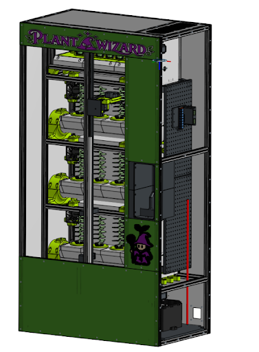 Final Plant Wizard CAD model showing the green cabinet, horizontal growing channels, reservoirs, and camera gantry.